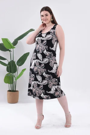 Kadın Siyah Bej Floral Desen Askılı Büyük Beden Elbise