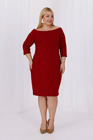 Kadın Bordo Carmen Yaka Truvakar Kol Büyük Beden Esnek Krep Elbise