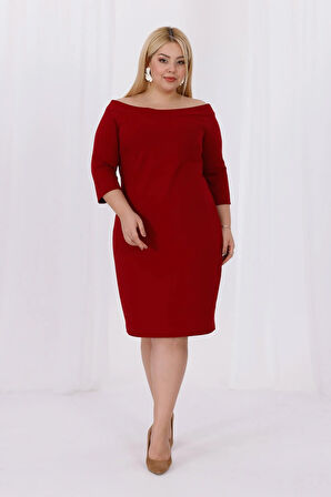 Kadın Bordo Carmen Yaka Truvakar Kol Büyük Beden Esnek Krep Elbise