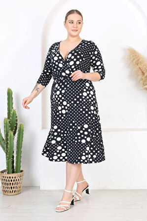 Kadın Lacivert Puantiye Desen Kruvaze Yaka Esnek Bel Büyük Beden Elbise