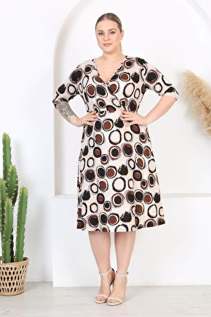 Kadın Kahve Bej Puantiye Desen Kruvaze Yaka Esnek Bel Büyük Beden Elbise