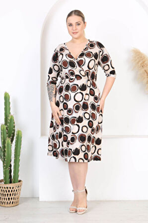 Kadın Kahve Bej Puantiye Desen Kruvaze Yaka Esnek Bel Büyük Beden Elbise