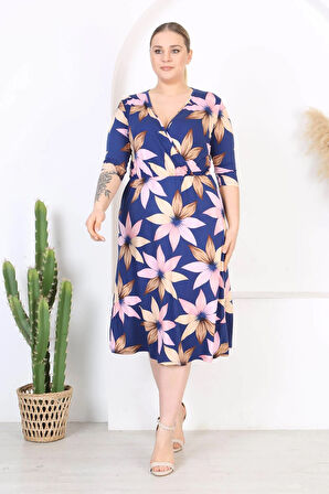 Kadın Lacivert Bej Lotus Desen Kruvaze Yaka Esnek Bel Büyük Beden Elbise