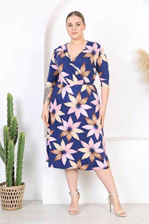 Kadın Lacivert Bej Lotus Desen Kruvaze Yaka Esnek Bel Büyük Beden Elbise