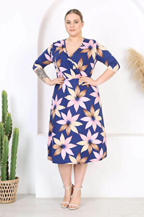 Kadın Lacivert Bej Lotus Desen Kruvaze Yaka Esnek Bel Büyük Beden Elbise