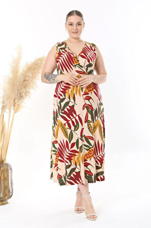 Kadın Bej Bordo Floral Desen Kolsuz Kruvaze Yaka Büyük Beden Maxi Elbise