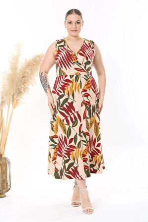 Kadın Bej Bordo Floral Desen Kolsuz Kruvaze Yaka Büyük Beden Maxi Elbise