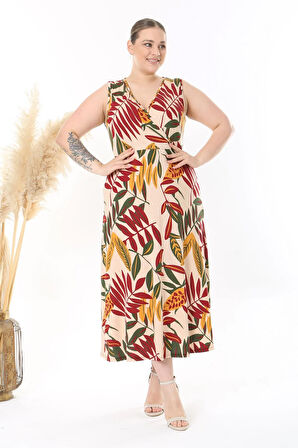 Kadın Bej Bordo Floral Desen Kolsuz Kruvaze Yaka Büyük Beden Maxi Elbise