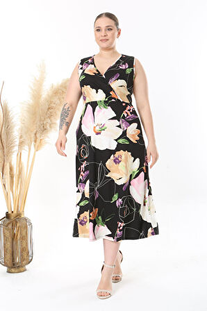 Kadın Siyah Pembe Lotus Desen Kolsuz Kruvaze Yaka Büyük Beden Maxi Elbise