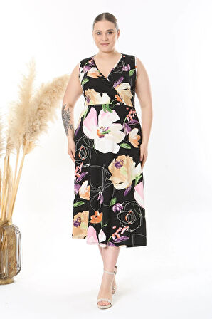 Kadın Siyah Pembe Lotus Desen Kolsuz Kruvaze Yaka Büyük Beden Maxi Elbise