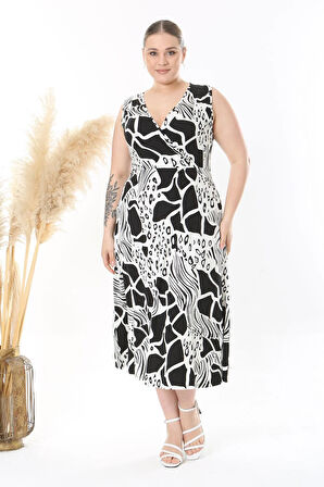 Kadın Siyah Beyaz Safari Desen Kolsuz Kruvaze Yaka Büyük Beden Maxi Elbise