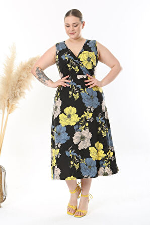Kadın Siyah Sarı Floral Desen Kolsuz Kruvaze Yaka Büyük Beden Maxi Elbise