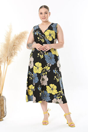 Kadın Siyah Sarı Floral Desen Kolsuz Kruvaze Yaka Büyük Beden Maxi Elbise