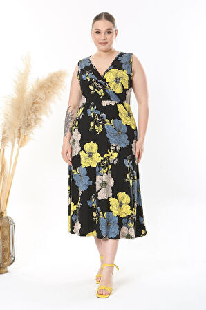 Kadın Siyah Sarı Floral Desen Kolsuz Kruvaze Yaka Büyük Beden Maxi Elbise