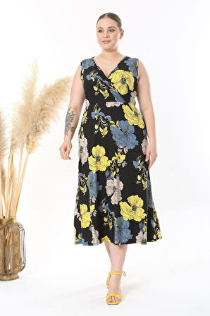 Kadın Siyah Sarı Floral Desen Kolsuz Kruvaze Yaka Büyük Beden Maxi Elbise