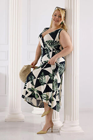 Kadın Yeşil Beyaz Monstera Desen Kolsuz Kruvaze Yaka Büyük Beden Maxi Elbise
