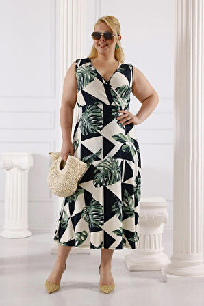 Kadın Yeşil Beyaz Monstera Desen Kolsuz Kruvaze Yaka Büyük Beden Maxi Elbise