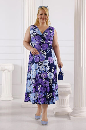 Kadın Mavi Mor Kırçiçeği Desen Kolsuz Kruvaze Yaka Büyük Beden Maxi Elbise