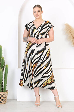 Kadın Siyah Beyaz Zebra Desen Fırfır Kol Kruvaze Yaka Büyük Beden Maxi Elbise