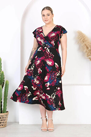 Kadın Mor Mavi Asimetrik Desen Fırfır Kol Kruvaze Yaka Büyük Beden Maxi Elbise