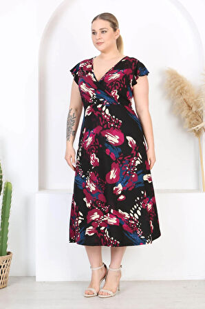 Kadın Mor Mavi Asimetrik Desen Fırfır Kol Kruvaze Yaka Büyük Beden Maxi Elbise