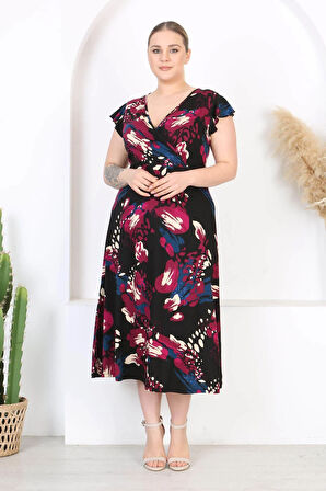 Kadın Mor Mavi Asimetrik Desen Fırfır Kol Kruvaze Yaka Büyük Beden Maxi Elbise