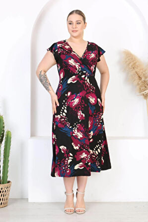 Kadın Mor Mavi Asimetrik Desen Fırfır Kol Kruvaze Yaka Büyük Beden Maxi Elbise