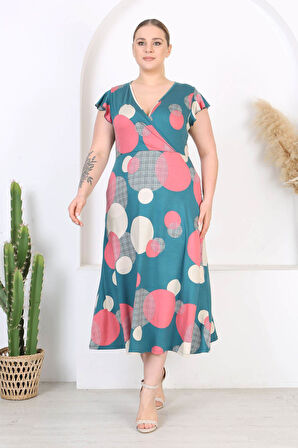 Kadın Yeşil Pembe Puantiye Desen Fırfır Kol Kruvaze Yaka Büyük Beden Maxi Elbise