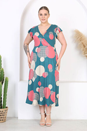 Kadın Yeşil Pembe Puantiye Desen Fırfır Kol Kruvaze Yaka Büyük Beden Maxi Elbise