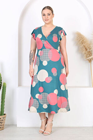 Kadın Yeşil Pembe Puantiye Desen Fırfır Kol Kruvaze Yaka Büyük Beden Maxi Elbise