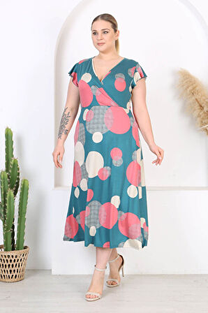 Kadın Yeşil Pembe Puantiye Desen Fırfır Kol Kruvaze Yaka Büyük Beden Maxi Elbise