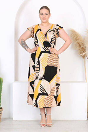 Kadın Sarı Siyah Geometrik Desen Fırfır Kol Kruvaze Yaka Büyük Beden Maxi Elbise
