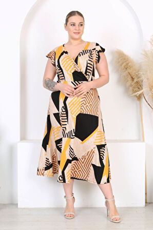 Kadın Sarı Siyah Geometrik Desen Fırfır Kol Kruvaze Yaka Büyük Beden Maxi Elbise