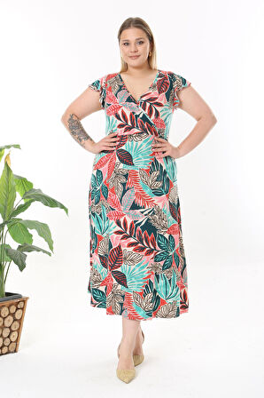 Kadın Kırmızı Yeşil Cangıl Desen Fırfır Kol Kruvaze Yaka Büyük Beden Maxi Elbise