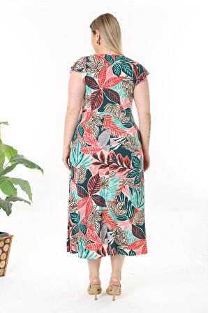 Kadın Kırmızı Yeşil Cangıl Desen Fırfır Kol Kruvaze Yaka Büyük Beden Maxi Elbise