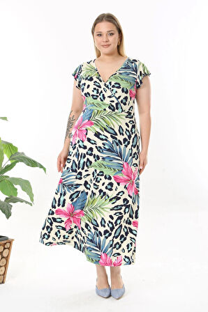 Kadın Pembe Mavi Tropikal Leopar Desen Fırfır Kol Kruvaze Yaka Büyük Beden Maxi Elbise