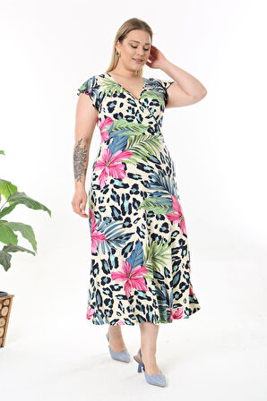 Kadın Pembe Mavi Tropikal Leopar Desen Fırfır Kol Kruvaze Yaka Büyük Beden Maxi Elbise