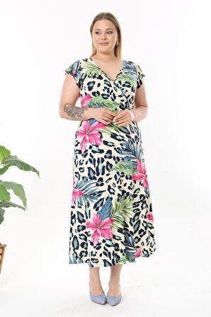 Kadın Pembe Mavi Tropikal Leopar Desen Fırfır Kol Kruvaze Yaka Büyük Beden Maxi Elbise