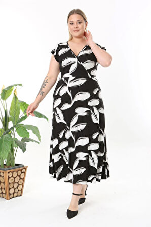 Kadın Siyah Beyaz Soyut Desen Fırfır Kol Kruvaze Yaka Büyük Beden Maxi Elbise