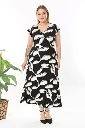 Kadın Siyah Beyaz Soyut Desen Fırfır Kol Kruvaze Yaka Büyük Beden Maxi Elbise