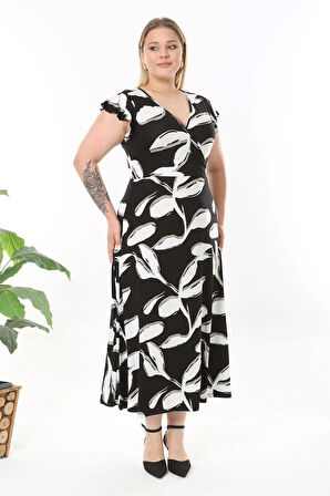 Kadın Siyah Beyaz Soyut Desen Fırfır Kol Kruvaze Yaka Büyük Beden Maxi Elbise