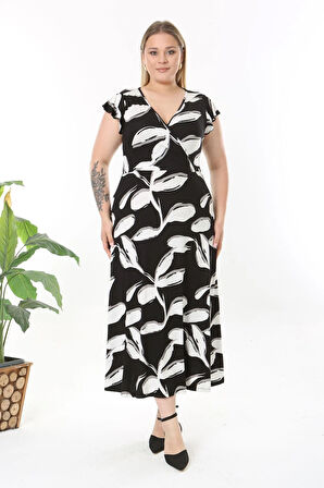 Kadın Siyah Beyaz Soyut Desen Fırfır Kol Kruvaze Yaka Büyük Beden Maxi Elbise