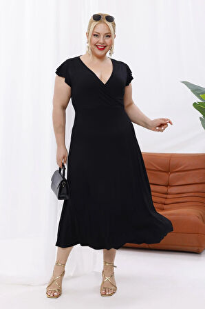 Kadın Siyah Fırfır Kol Kruvaze Yaka Büyük Beden Esnek Maxi Elbise