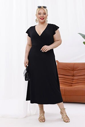 Kadın Siyah Fırfır Kol Kruvaze Yaka Büyük Beden Esnek Maxi Elbise