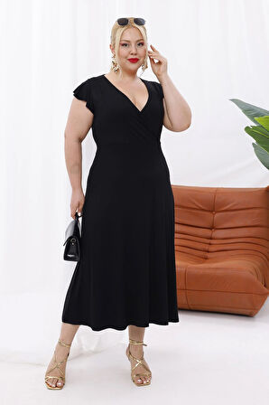 Kadın Siyah Fırfır Kol Kruvaze Yaka Büyük Beden Esnek Maxi Elbise