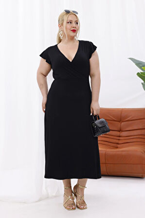 Kadın Siyah Fırfır Kol Kruvaze Yaka Büyük Beden Esnek Maxi Elbise