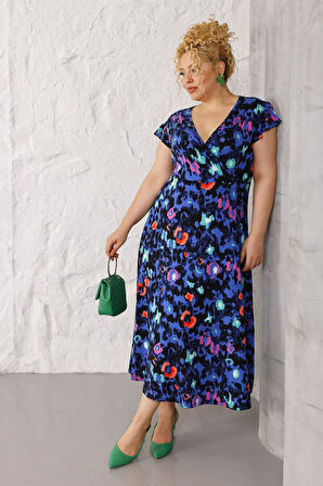 Kadın Mavi Pembe Tiger Desen Fırfır Kol Kruvaze Yaka Büyük Beden Esnek Maxi Elbise