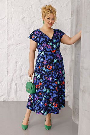 Kadın Mavi Pembe Tiger Desen Fırfır Kol Kruvaze Yaka Büyük Beden Esnek Maxi Elbise