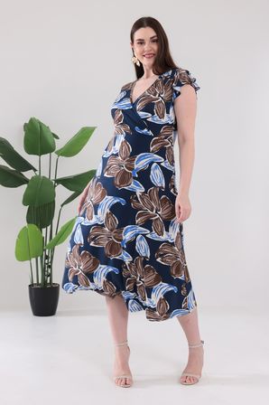 Kadın Lacivert Floral Desen Fırfır Kol Kruvaze Yaka Büyük Beden Esnek Maxi Elbise