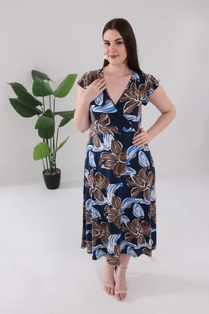 Kadın Lacivert Floral Desen Fırfır Kol Kruvaze Yaka Büyük Beden Esnek Maxi Elbise
